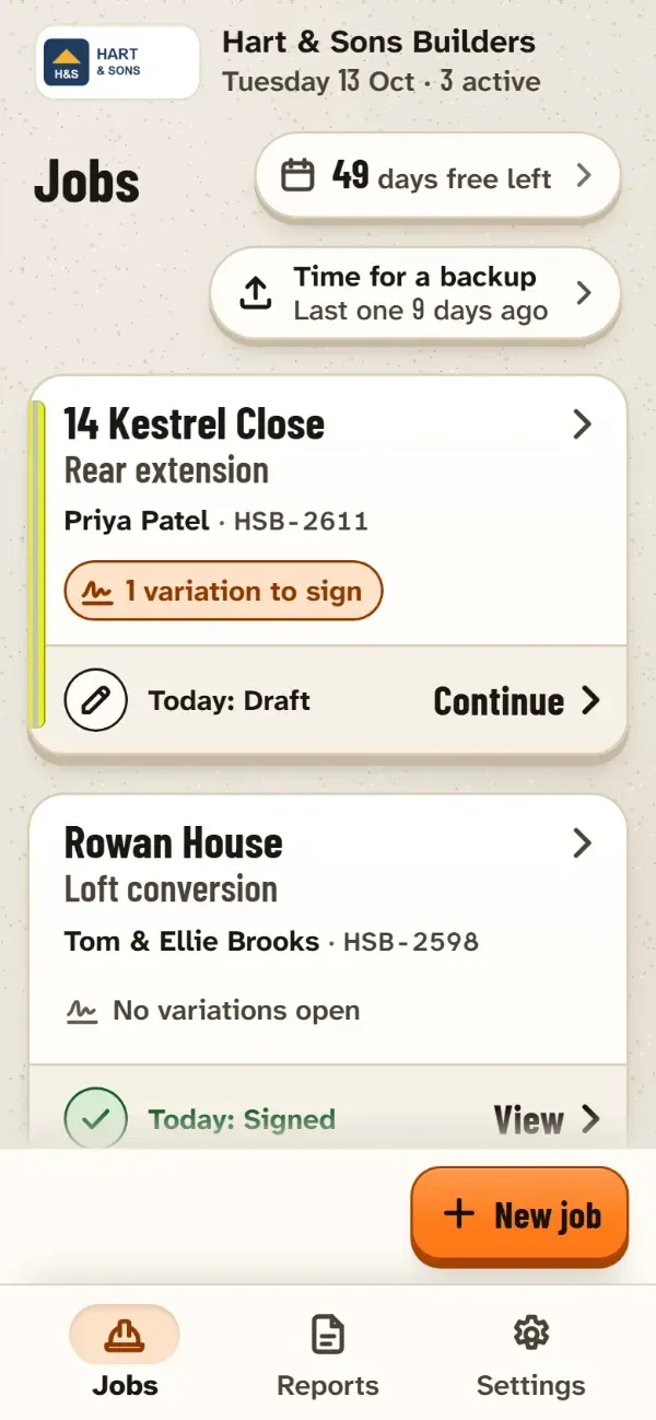 The jobs list in Site Diary, with open variations to sign.