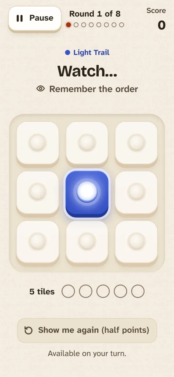 The Light Trail memory game: a three by three board of tiles with one lit.