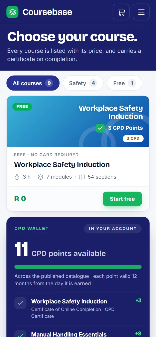 Coursebase on a phone: a course card and a learner’s CPD wallet with points available (sample data).
