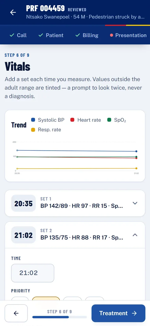 A patient report on a phone in EMSRelay: vital signs with a trend chart (sample data).