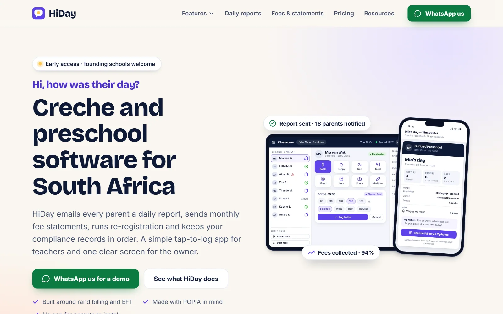 The HiDay website: "Creche and preschool software for South Africa", with the classroom app on a tablet and a daily report on a phone.