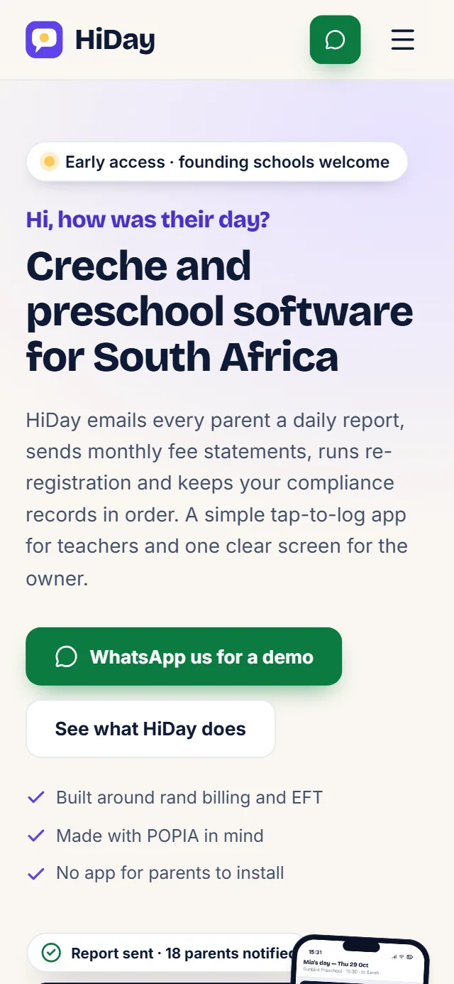 The HiDay website on a phone.