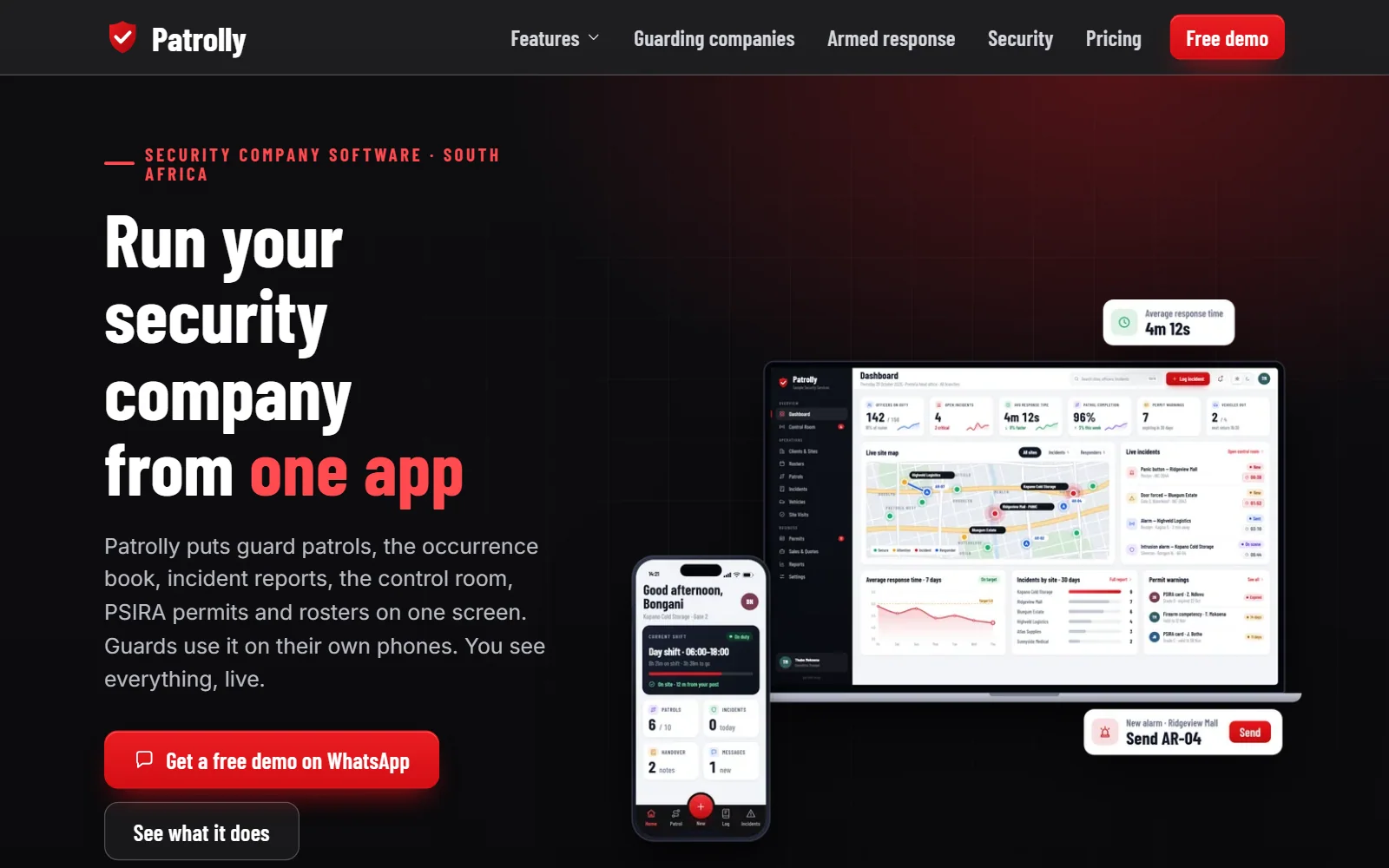 The Patrolly website: "Run your security company from one app", with the control-room dashboard and the guard app on a phone.