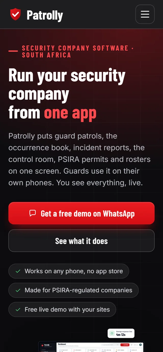 The Patrolly website on a phone.